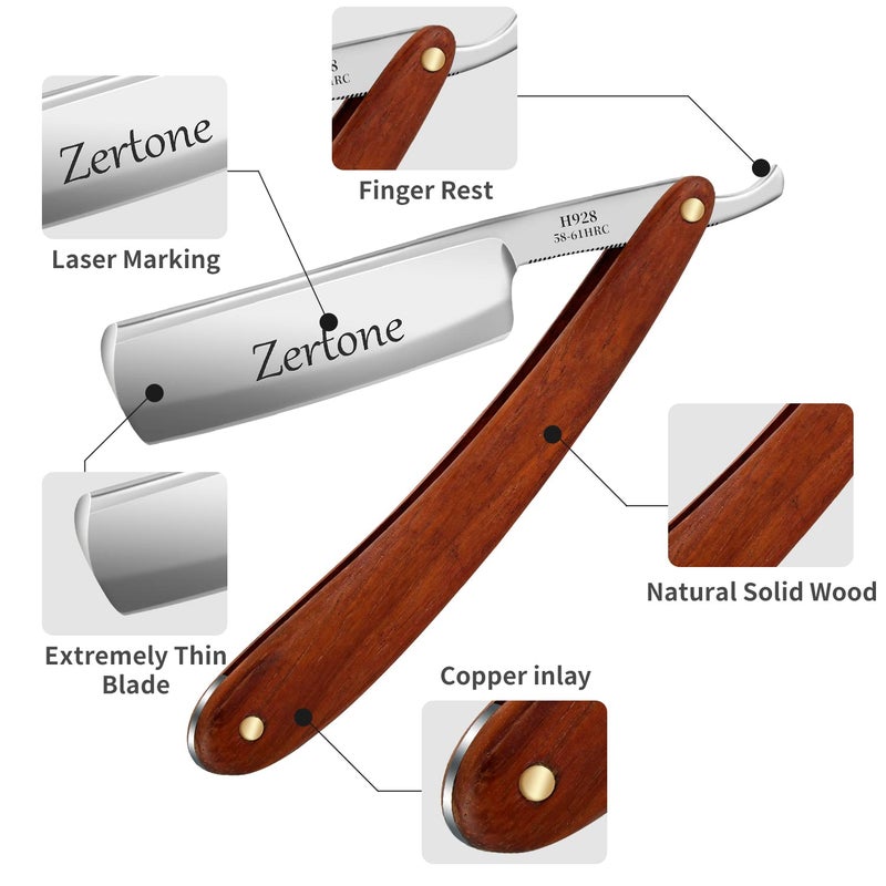 Zertone Straight Razors for Men Kit with Strop - Straight Edge Razor Natural Wood Scale â€“ Sharp, High Hardness Carbon Steel Cutthroat Straight Razor Shaving Kit, Vintage Wood Handle, Barber Razor - Image 2